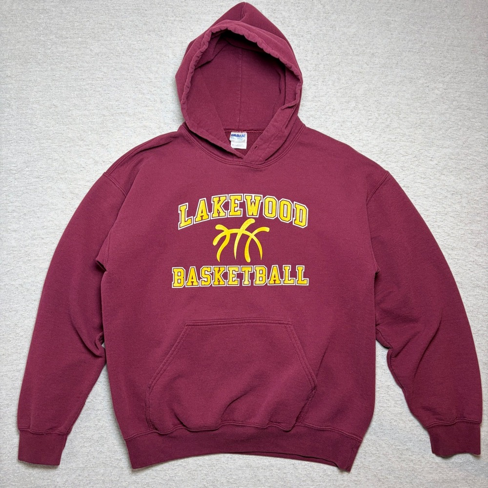 Gildan Mens Hoodie Medium Maroon Lakewood Basketball Pullover Sweatshirt